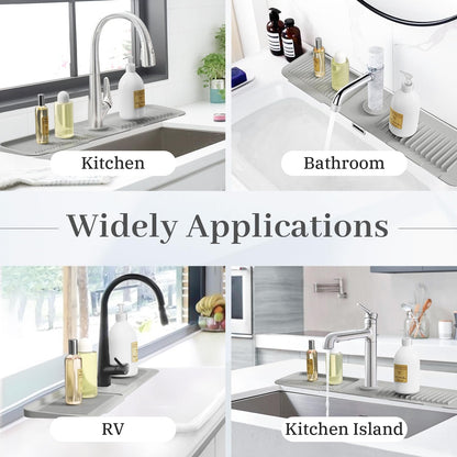 PoYang 23.6 Inch Silicone Sink Splash Guard, Kitchen Sink Mat, Light Grey | Faucet Mat with Wide Drainage & Cuttable Hole, Keeps Faucet Base Dry, Long & Short Sink Protectors for Kitchen, Bathroom & RV