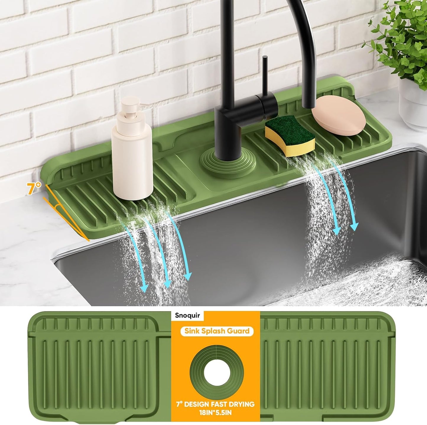 24'' Longer Faucet Mat for Kitchen Sink Splash Guard[7° Slope Fast Self-draining][Snap Lock Fit]Kitchen Sink Faucet Mat Splash Guard Kitchen Sink Area Water Splash Guard Behind Faucet Draining Mat