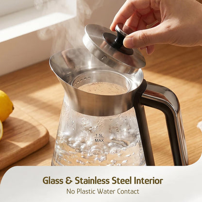 Hazel Quinn Glass & Stainless Steel Electric Kettle, 1.5 Liters Tea Kettle | Quiet Boil, ±1°C Temp Control, 24H Keep Warm, Anti-Residue Bottom, Auto Shut-Off, BPA-Free Hot Water Kettle, 1000W Fast Boil