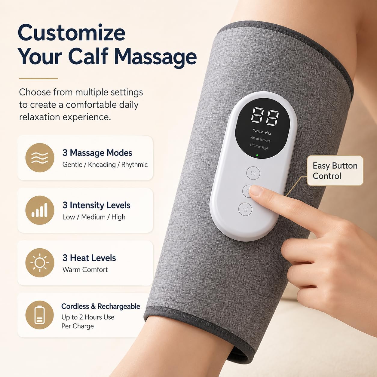 brenzo Leg Massager, Calf Massage Wraps for Everyday Comfort, Pair | Soothing Heat, 3 Massage Modes, 3 Adjustable Intensities, Easy-to-Use Controls, Everyday Relaxation, Pair Included