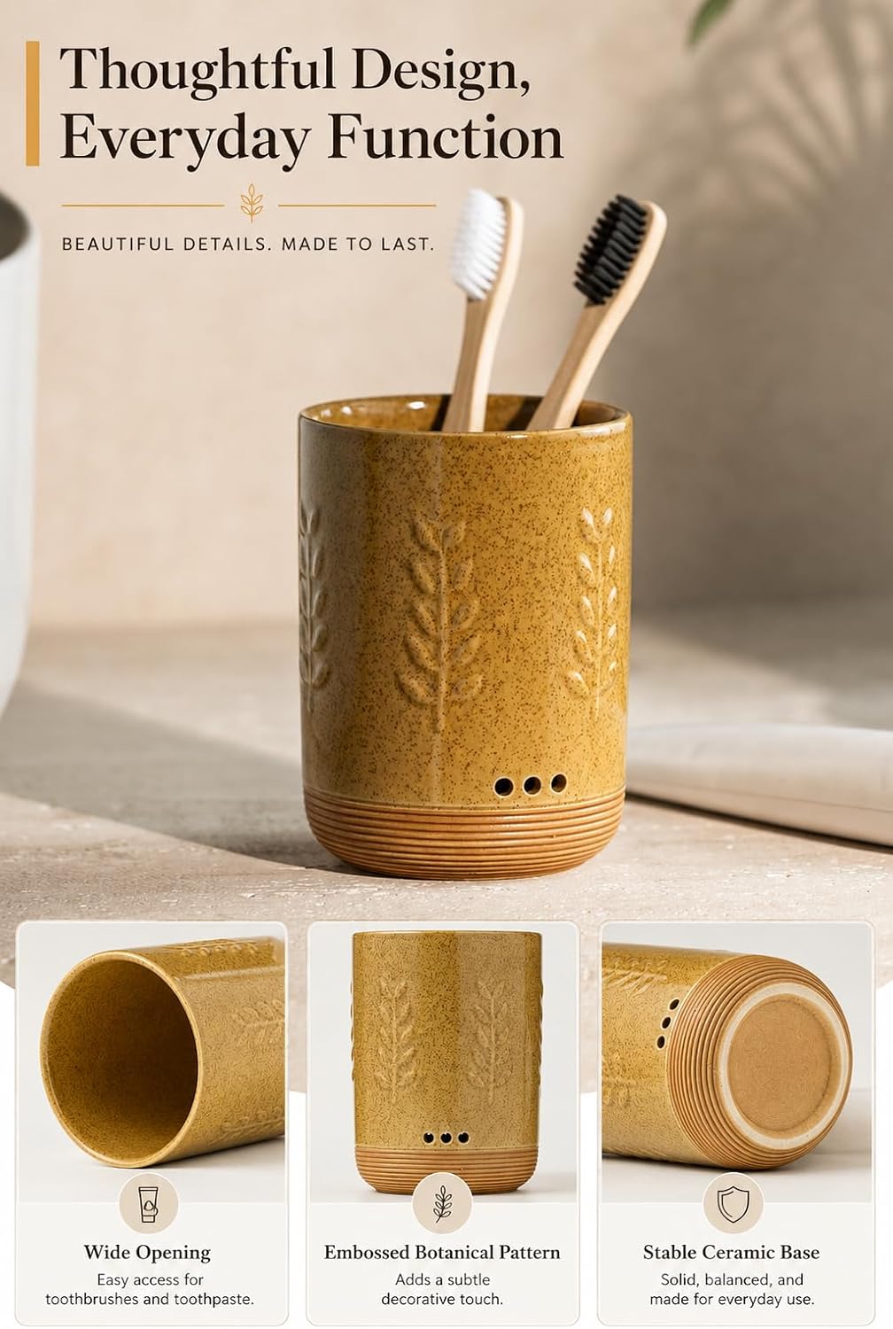LYEOBOH Ceramic Toothbrush Cup, Cute Toothbrush Holder with Drainage White | Farmhouse Toothbrush Container, Countertop Toothbrush Organizer, Toothbrush Storage for Bathroom Vanity & Countertop