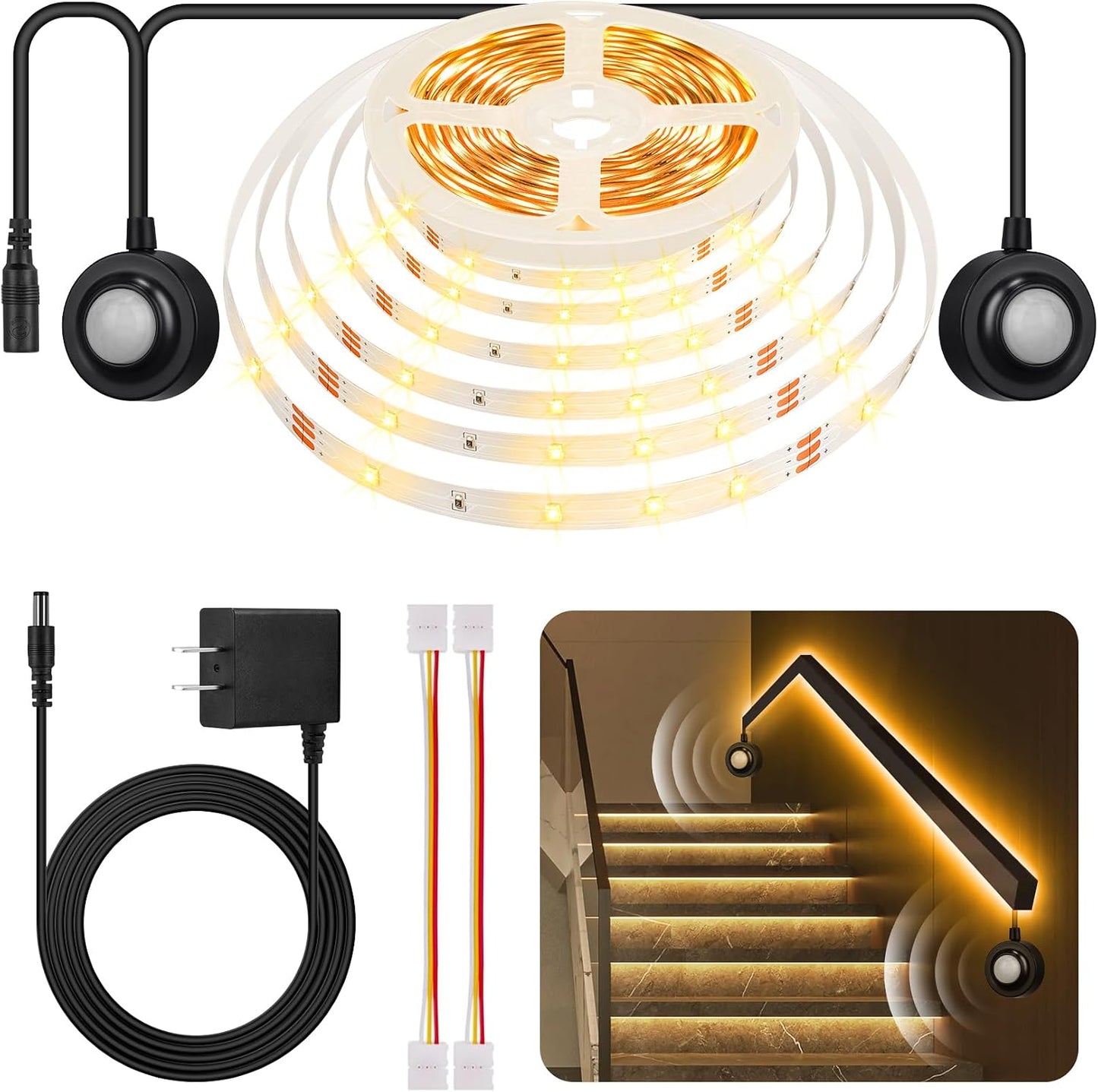 Dual Motion Sensor Light Strip Indoor Under Bed Lights Warm White 16.4Ft | Motion Activated LED Strip Lights, Auto On/Off, Two-End Motion Sensors Night Lighting 12V For Bedside Stair Cabinet Hallway