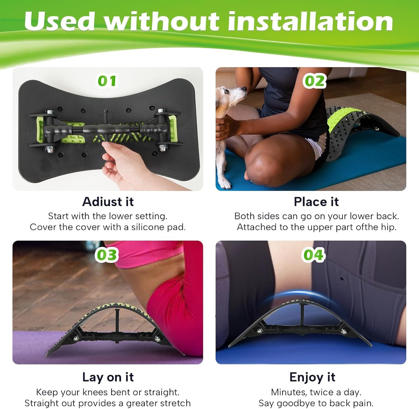 Back Stretcher for Lower Back, Pneumatic Adjustable Lumbar Support Board with 10 Magnets and 90 Massage Points, Daily Back Stretching Device for Home, Office, Yoga and Travel