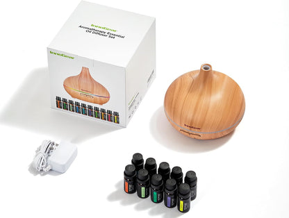 InnoGear Aromatherapy Diffuser & 10 Essential Oils Set, 400ml Diffuser Ultrasonic Diffusers for Home Cool Mist Humidifier with 4 Timers 7 Colors Light Waterless Auto Off, Dark Wood Grain