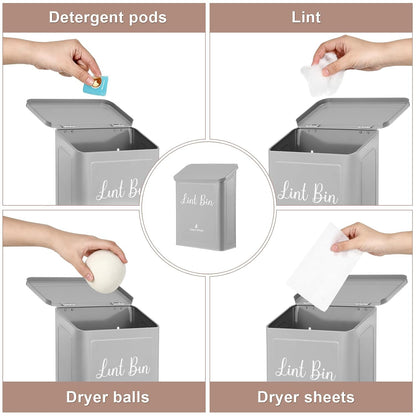 SUBEKYU Magnetic Lint Bin for Laundry Room Organization and Storage,White | Wall Mounted Metal Lint Box Holder Trash Can with Lid for Dryer,Lint Basket for Laundry Room Decor