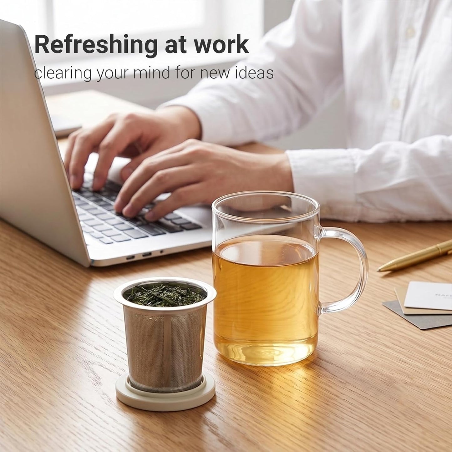 emoi 15 oz Glass Tea Cup with Infuser & Lid, Ideal for Loose Leaf Tea, Gray | Tea Mug with Extra Fine Mesh 304 Stainless Steel Steeper & Silicone Lid, Brew a Perfect Cup Easily at Home or Office
