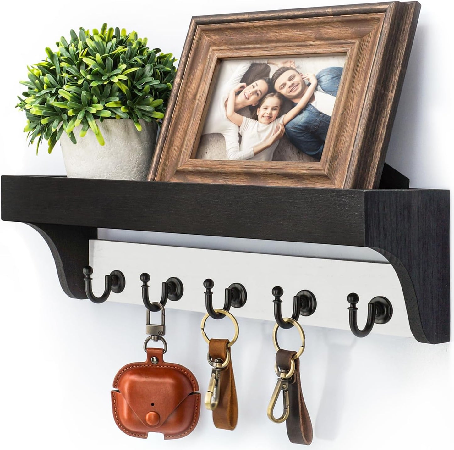Rebee Vision Key Holder Wall Mount with 5 Hooks for Entryway, Retro Brown | Display Shelf for Plant & Letters, Key Shelf for Hats, Dog Leashes, Mail Organizer, Decorative Entryway & Living Room