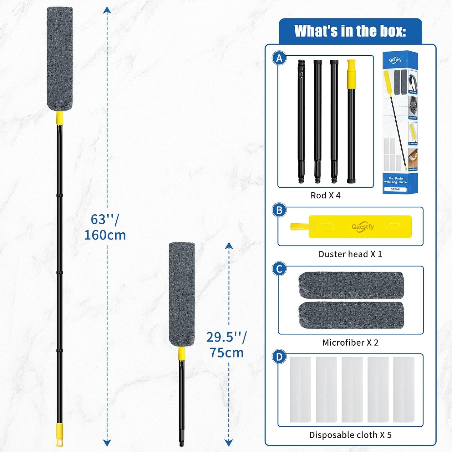 Qaestfy Under Appliance Cleaning Tool with Long Handle, 2 Reusable Microfiber Pads, 5 Disposable Dusting Cloths, Retractable Flat Gap Duster (30-63”) for Behind Fridge, Washer, Bed, Furniture