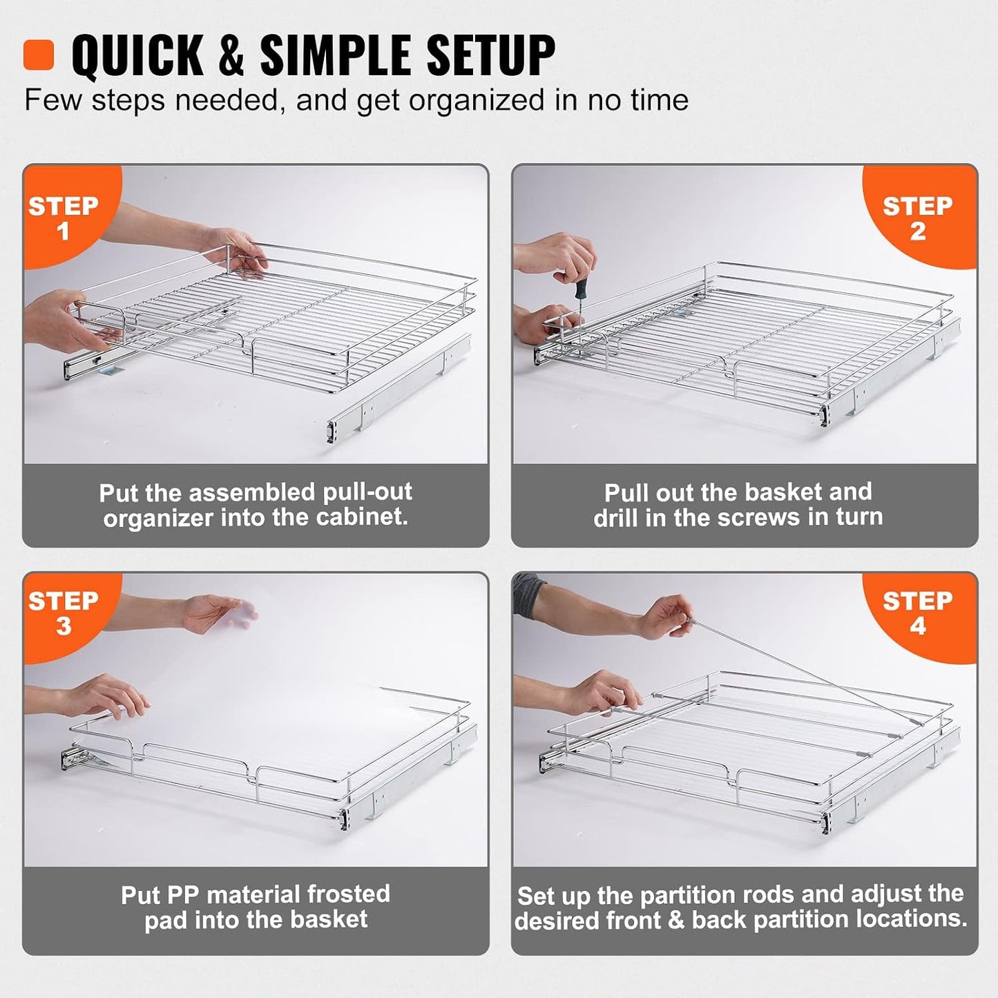 VEVOR 18.5"Wx21"Dx3.5"H Pull Out Cabinet Organizer, Heavy Duty Slide Out Pantry Shelves, Chrome-Plated Steel Roll Out Drawer, Drawer Storage for Home Under Sink, 20"Wx22"Dx7"H Install Size for Cabinet