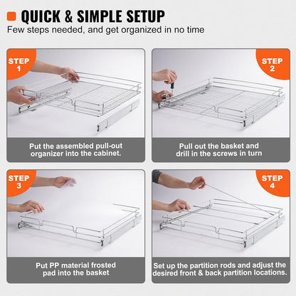 VEVOR 18.5"Wx21"Dx3.5"H Pull Out Cabinet Organizer, Heavy Duty Slide Out Pantry Shelves, Chrome-Plated Steel Roll Out Drawer, Drawer Storage for Home Under Sink, 20"Wx22"Dx7"H Install Size for Cabinet