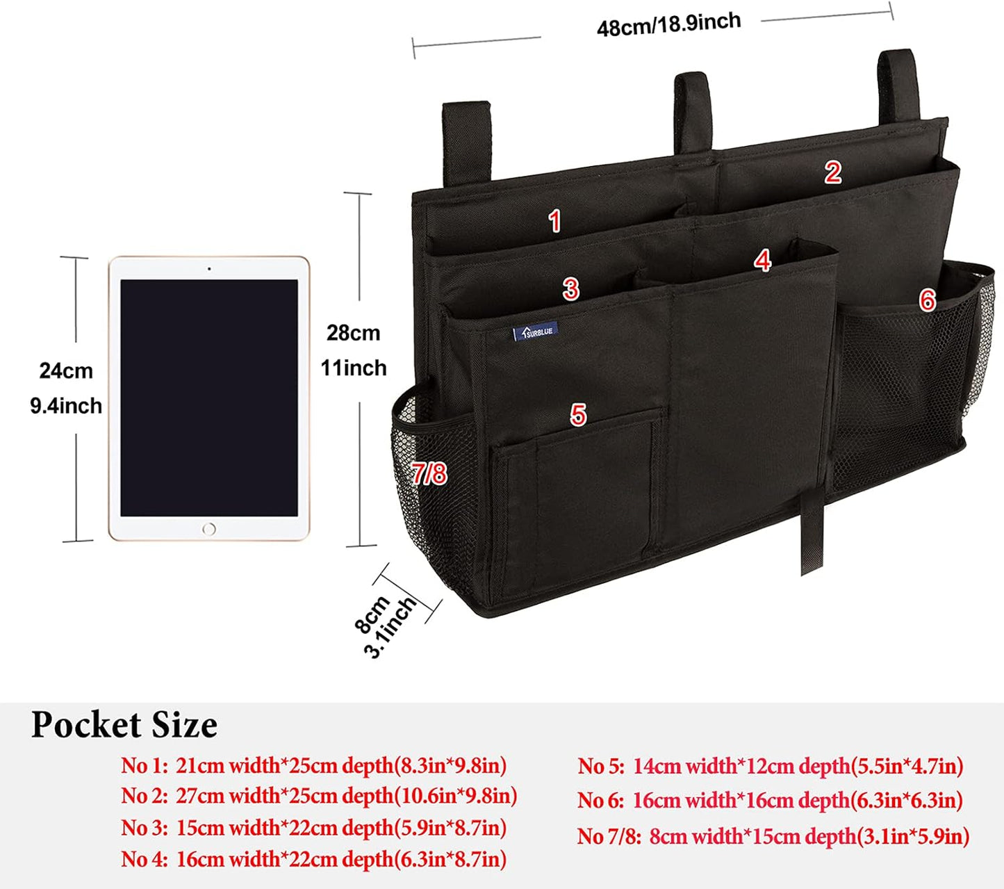 Surblue Bedside Caddy Hanging Organizer Storage Bag Pocket for Bunk, Hospital, College Dorm Rooms, Baby Bed Rails, Camp - 4 Pockets, 2 Hooks (Blue)
