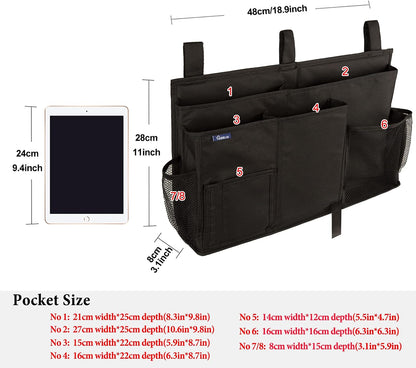 Surblue Bedside Caddy Hanging Organizer Storage Bag Pocket for Bunk, Hospital, College Dorm Rooms, Baby Bed Rails, Camp - 4 Pockets, 2 Hooks (Blue)