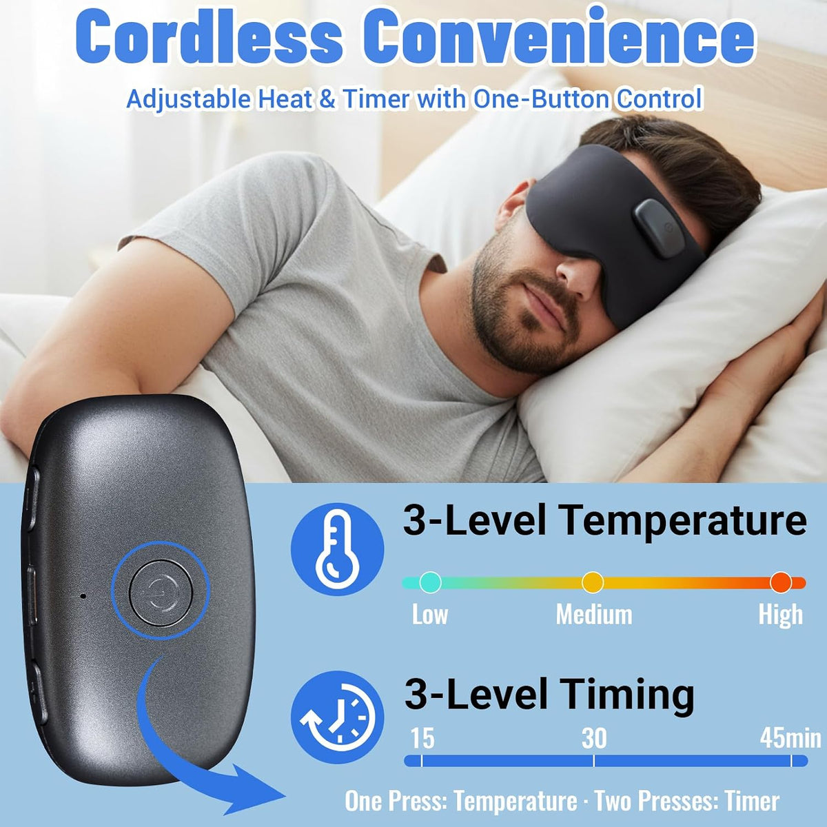 Heated Sleep Mask with Bluetooth Headphones, Cordless Rechargeable Heating Eye Mask with Adjustable Heart Timer Music, Washable Sleeping Mask with Bluetooth Headphones for Dry Eyes (Blue)