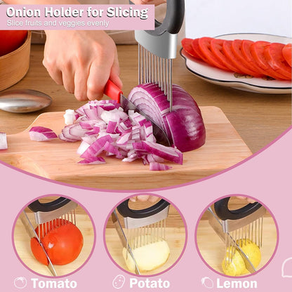 Onion Holder & Lemon Slicer Cutter Tool – Stainless Steel Vegetable & Fruit Slicing Assistant for Easy, Safe Cutting (Silver)