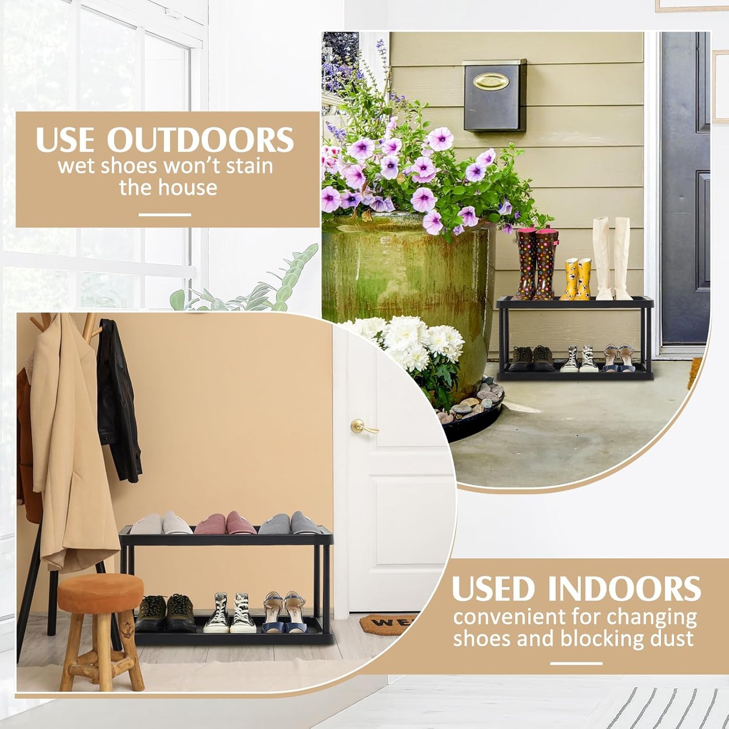 Cinnvoice Boot Tray Rack for Entryway Plastic Waterproof Shoe Mat Tray Large Storage Shelf for Indoor Outdoor Entryway Hallway Closet Use in All Seasons Black(28" d X 14.5" w X 14.5" h)