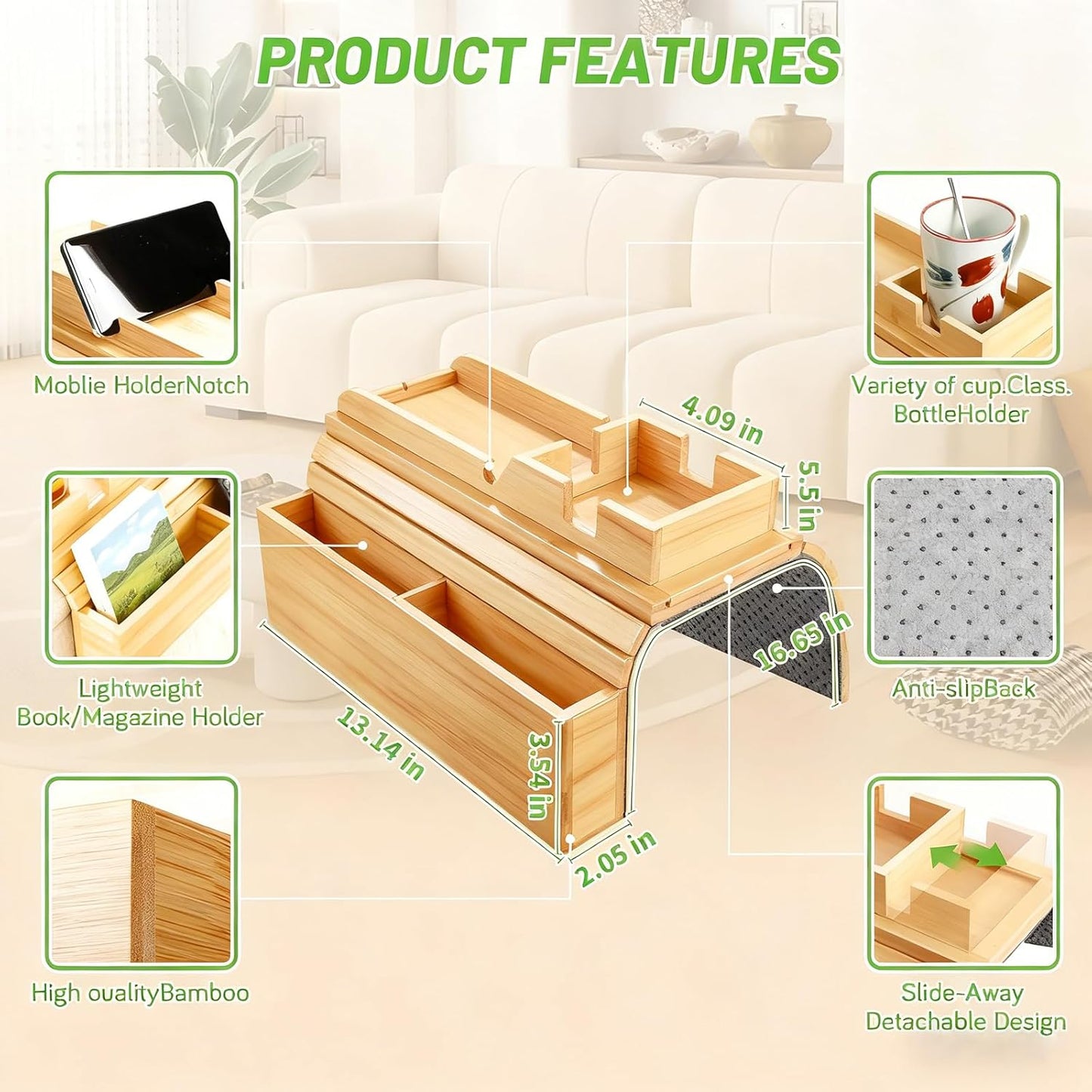 Bamboo Couch Arm Tray Sofa Armrest Tray Cup Holder,2-in-1 Couch Armrest Tray with Slide Detachable Tray,Couch Caddy,Slip Foldable Sofa Table,Phone Stand,Book Holder (Bamboo)