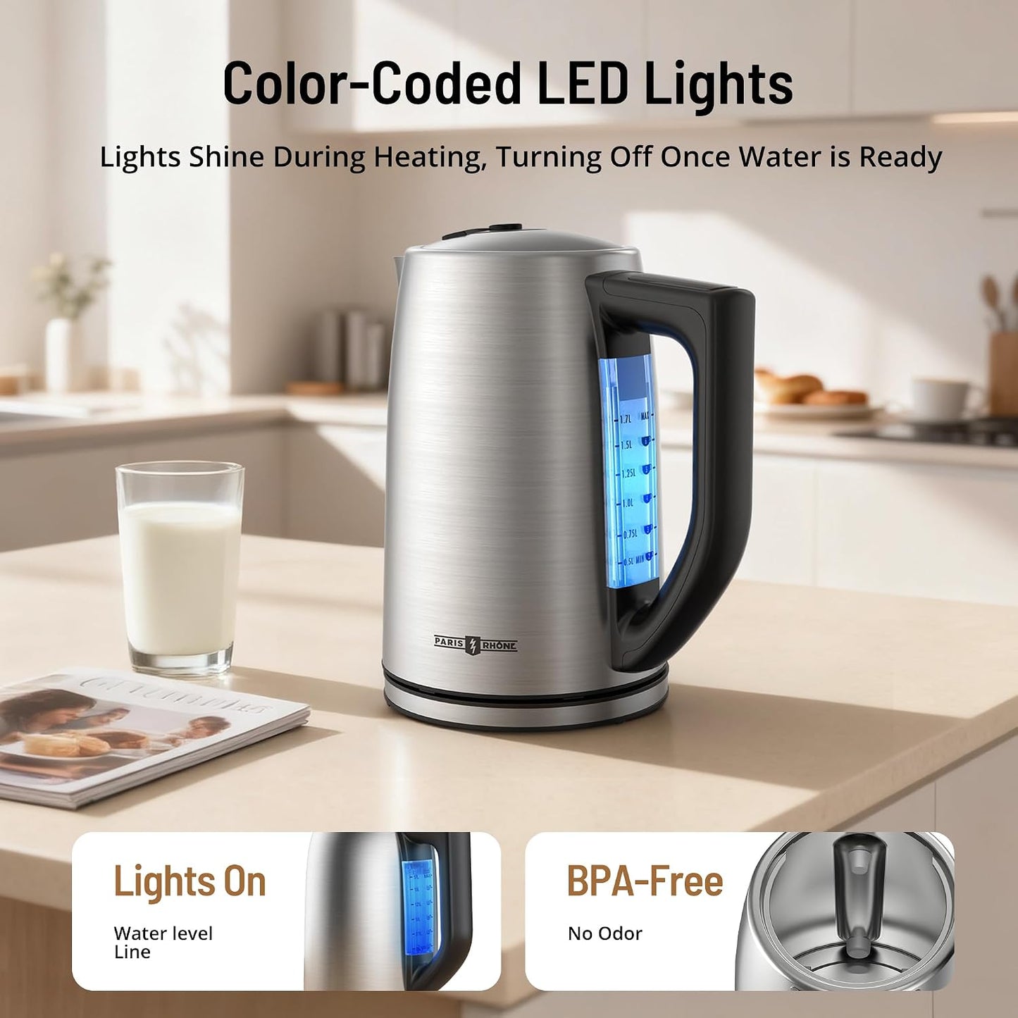 Electric Tea Kettle, 6 Precise Temperature Presets 1.7L Stainless Steel Electric Kettle Temperature Control,1500W Fast Boiling Hot Water for Oolong & Green Tea with Strix Control