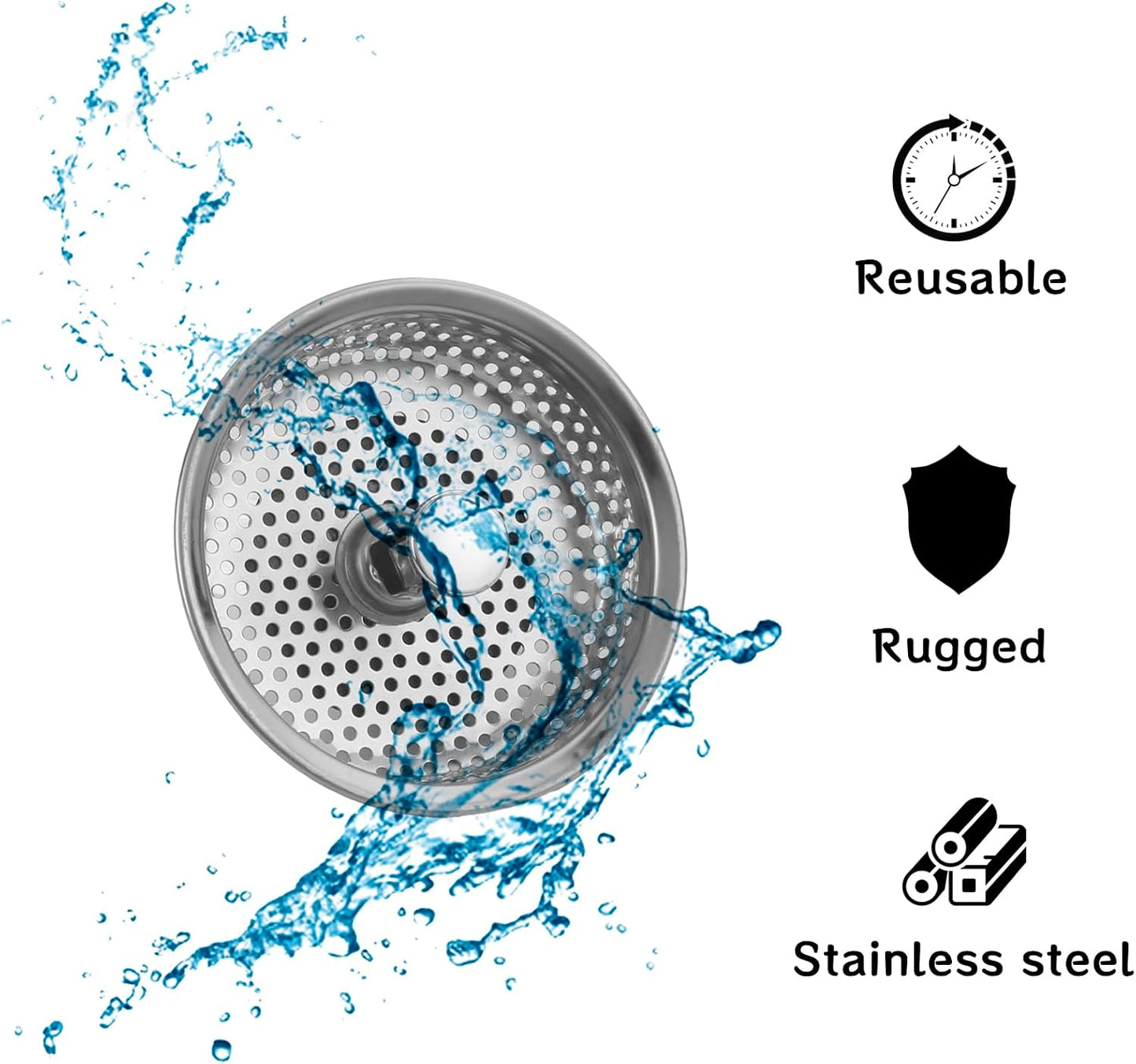 Kitchen Sink Stainless Steel Basket Strainer Replacement with Flat Bottom Rubber Stopper, 3.25 Inch, Indoor and Outdoor Kitchen Sink Strainer