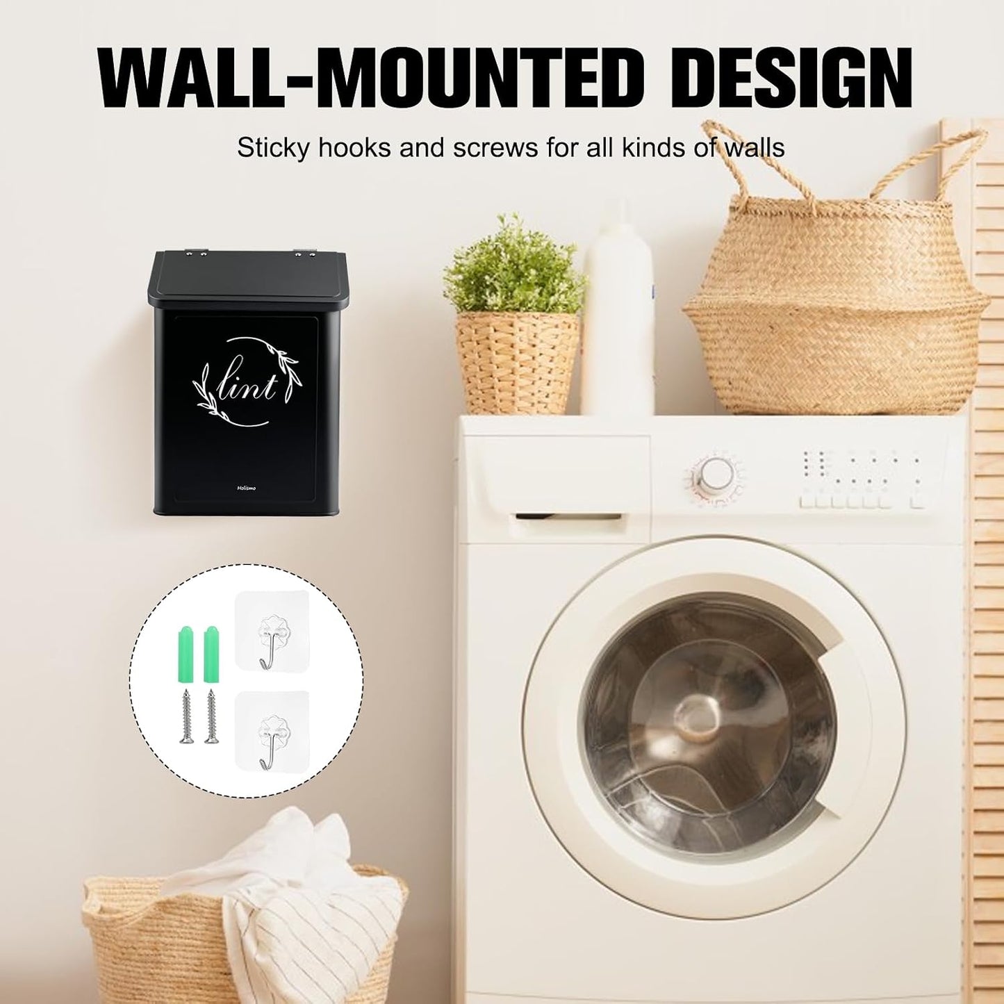 Magnetic Lint Bin for Laundry Room, Metal Lint Trash Can with Lid for Dryer, Wall Mounted Lint Holder Box with Lint Brush, Modern Farmhouse Laundry Room Decor, Cream