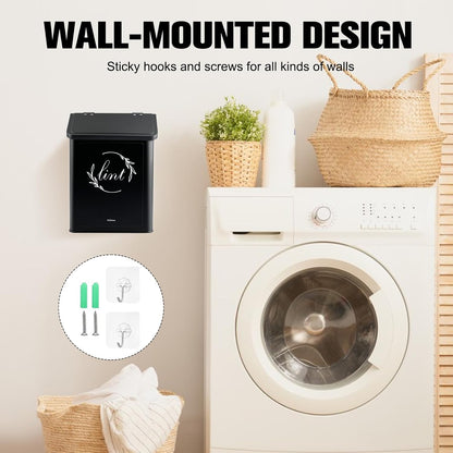 Magnetic Lint Bin for Laundry Room, Metal Lint Trash Can with Lid for Dryer, Wall Mounted Lint Holder Box with Lint Brush, Modern Farmhouse Laundry Room Decor, Cream