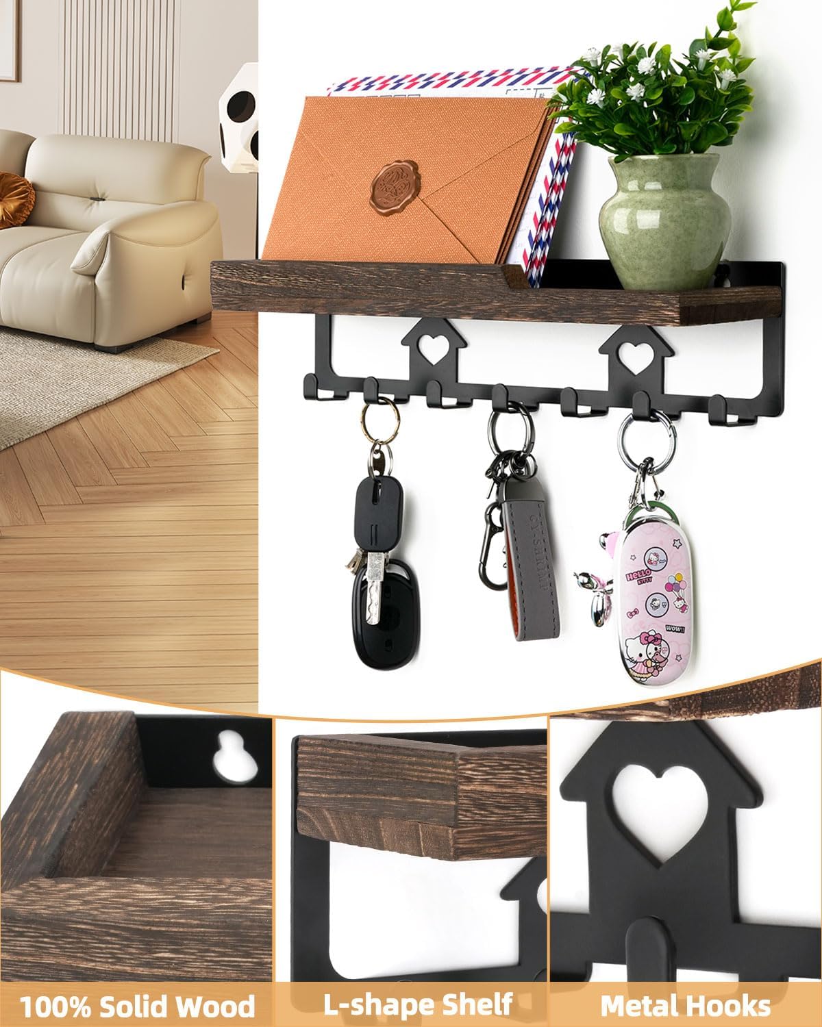 lucdnc Key Holder for Wall Mounted with Tray, 7 Hooks & Wood Shelf | Decorative Entryway Organizer for Mail, Keys, Sunglasses, Wall Mounted, Home Office