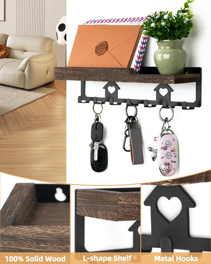 lucdnc Key Holder for Wall Mounted with Tray, 7 Hooks & Wood Shelf | Decorative Entryway Organizer for Mail, Keys, Sunglasses, Wall Mounted, Home Office