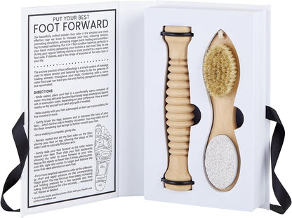 Santa Barbara Design Studio Foot Spa & Care Kit - Gift Boxed Pumice Stone Scrubber and Wood Massage Roller with Reflexology Map, 2-Pieces, Best Foot Forward