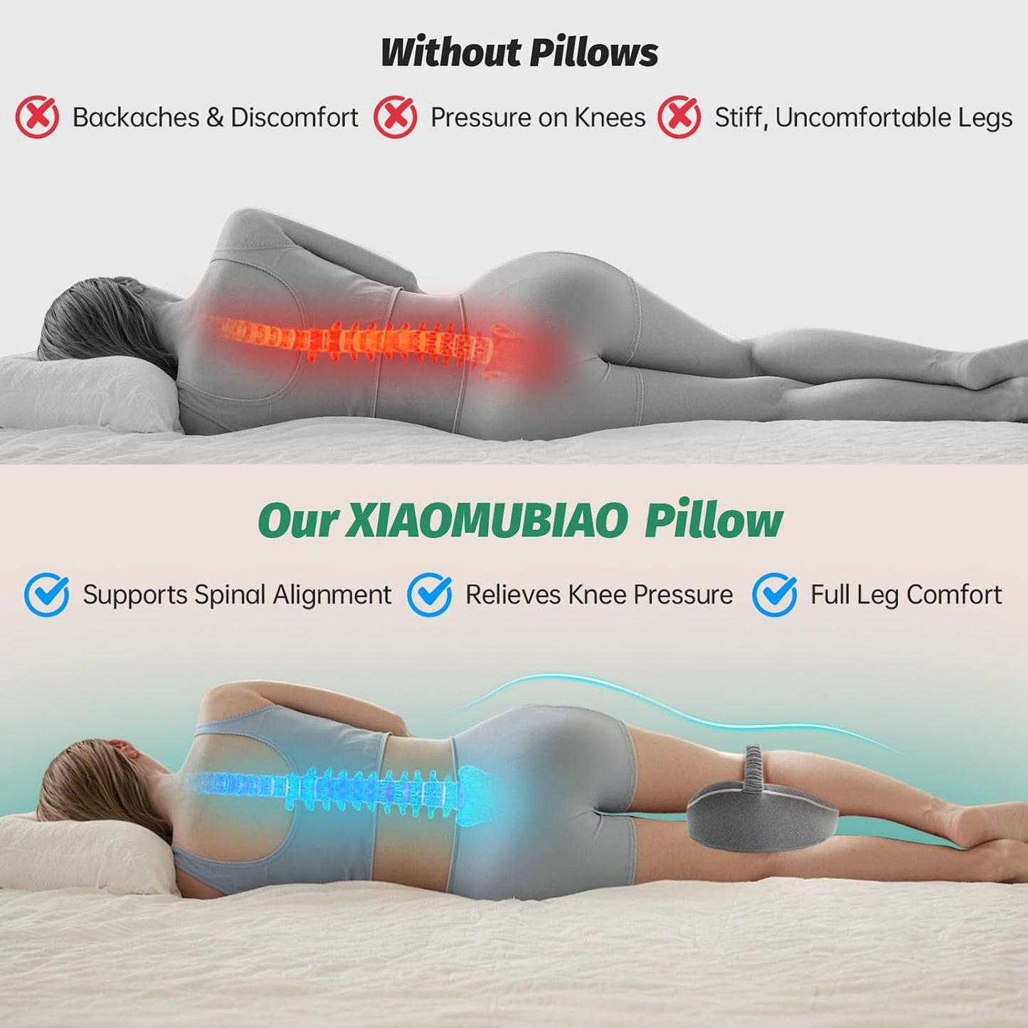xiaomubiao Memory Foam Knee Pillow for Side Sleepers, Cooling Leg Pillow with Adjustable Strap for Sciatica, Hip & Back Pain Relief, Orthopedic Contour Between Leg Cushion with Washable Cover