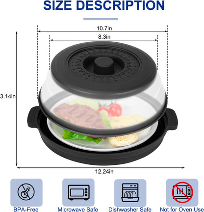 Microwave Splatter Cover for Food with Handle &Heat-Resistant Mat, 10.7" Collapsible Microwave Plate Cover - BPA Free, Dishwasher Safe Food Lid, Multi-Use Colander & Steamer for Meal Prep （Black）