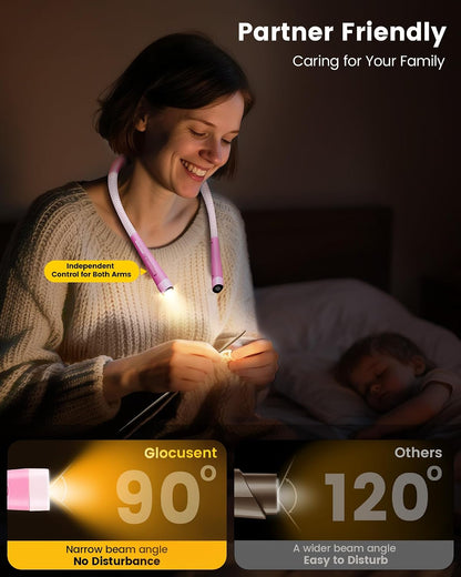 Glocusent Neck Light with Timer, 100 Hours Book Light for Bedtime Reading | Neck Reading Light, 3-Color, 5 Brightness, Bendable, Ergonomic, 1600mAh, Rechargeable, Eye Care, Sleep Aid, Travel Lock, Gift