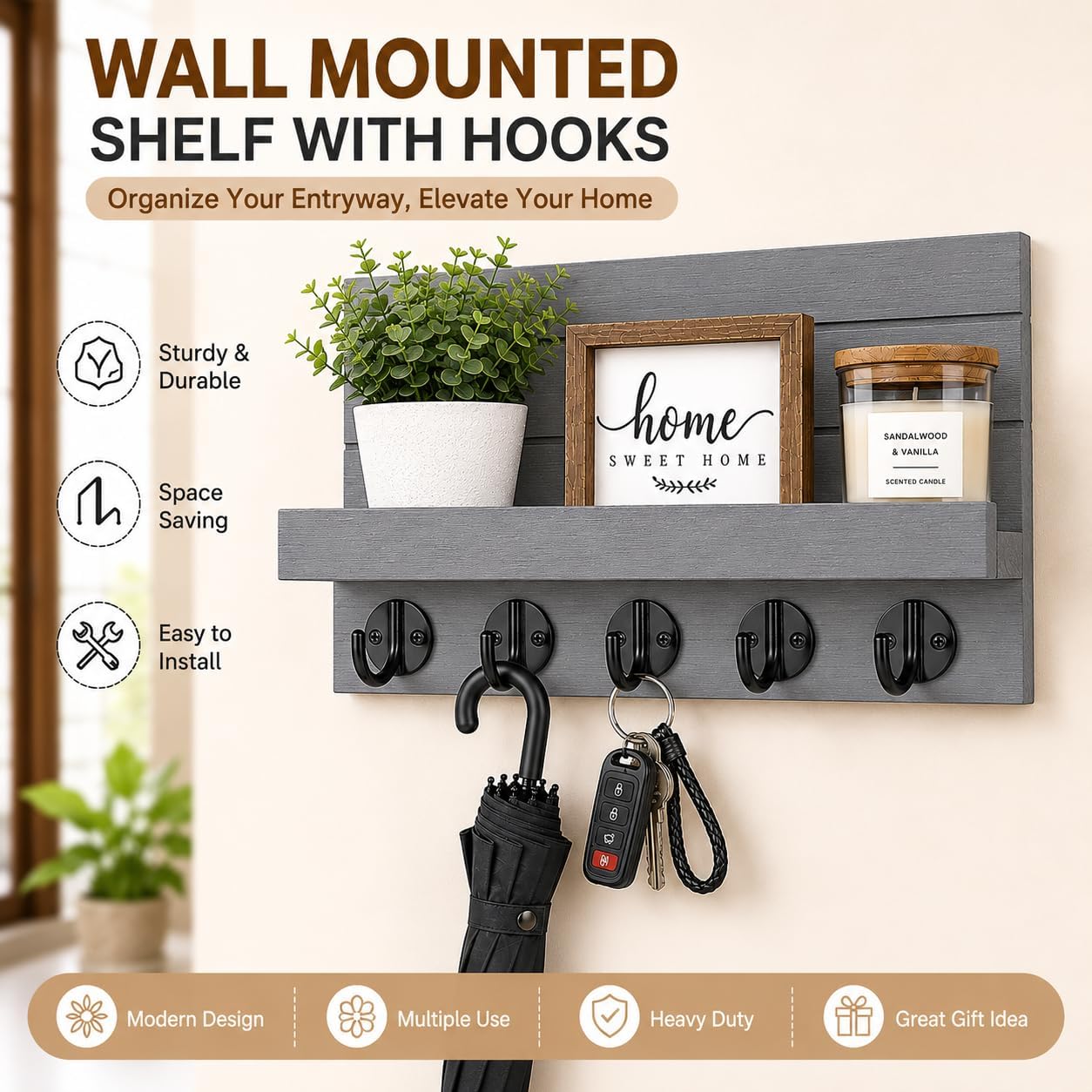 Key Holder for Wall, Decorative Key and Mail Holder, Key Holder Wall Mount with Shelf and Large Hooks, Easy Installation Key Rack for Entryway and Home Decor