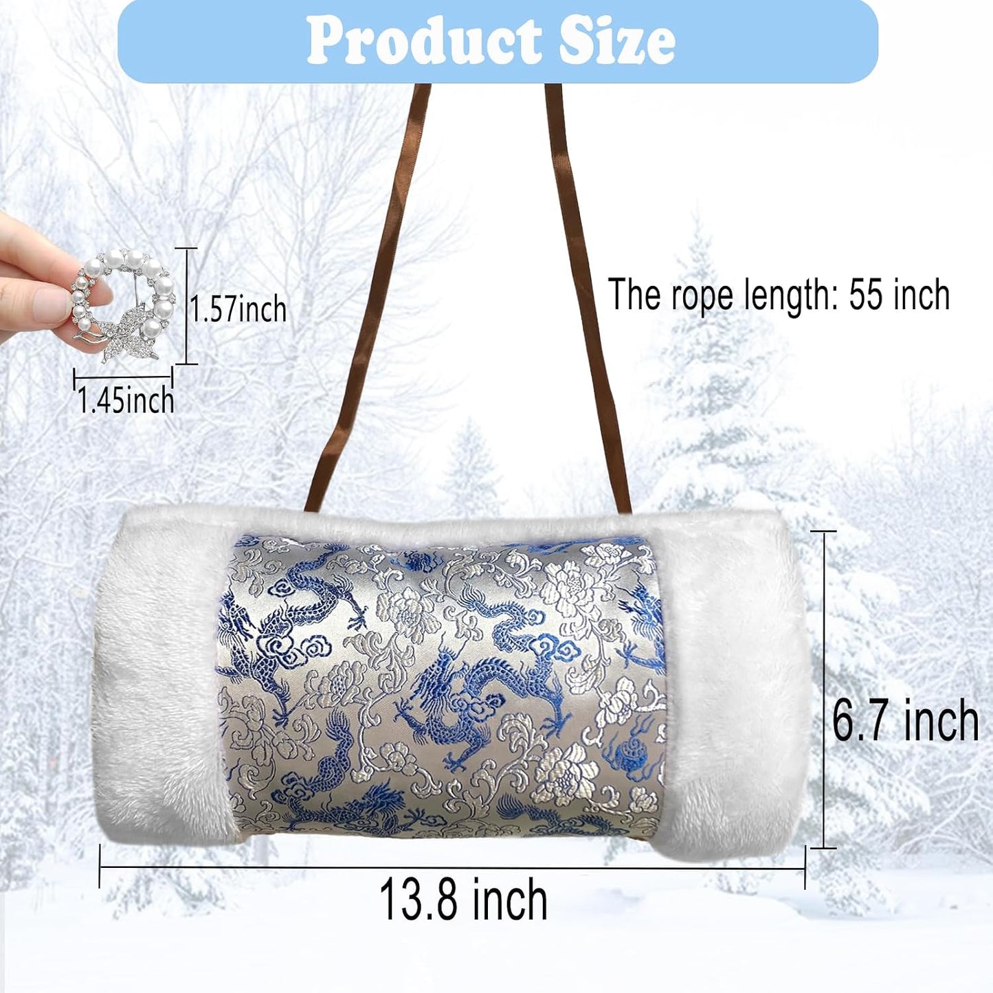 Faux Fur Hand Muffs for Women, Soft Exquisite Flower Pattern Hand Warmer Pouch with Neck Cord, Warm Hand Muffler for Cold Weather, with Pearl Butterfly Brooch