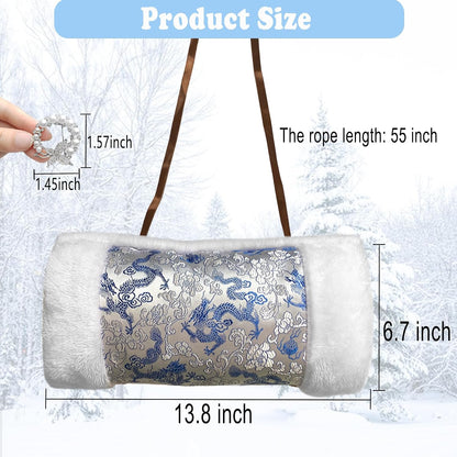 Faux Fur Hand Muffs for Women, Soft Exquisite Flower Pattern Hand Warmer Pouch with Neck Cord, Warm Hand Muffler for Cold Weather, with Pearl Butterfly Brooch