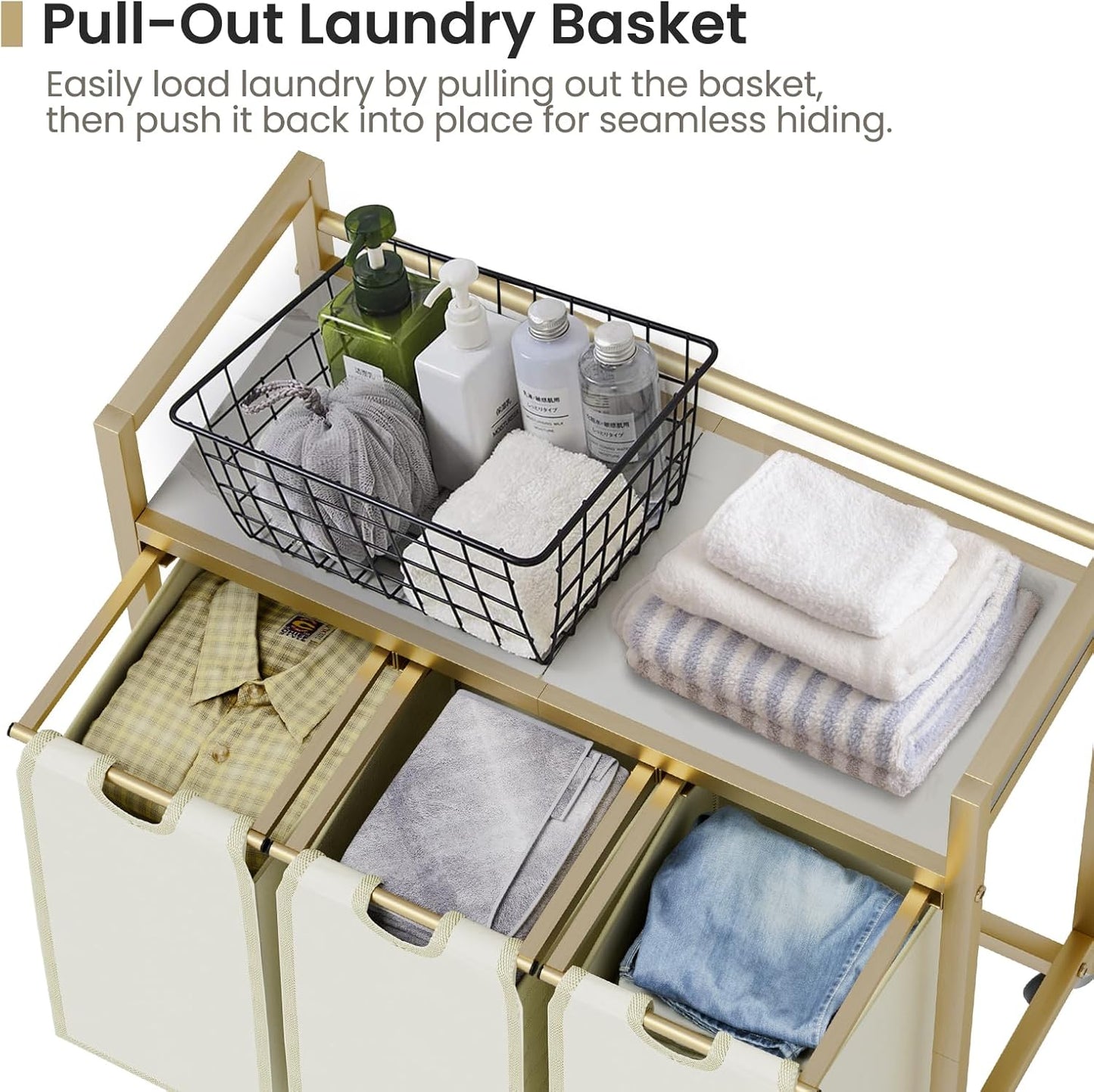 SwaaVee Laundry Sorter, Laundry Hamper 3 Section, 3×11.4Gal, Metal Frame Rolling Laundry Basket with Wooden Top Shelf, Pull out and Removable Laundry Bags, 3 Bags-Black