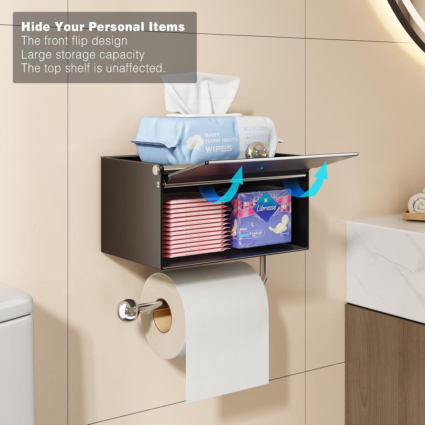 Voldra Toilet Paper Holder with Shelf, Flushable Wipes Dispenser for Bathroom, Adhesive Toilet Paper Roll Holder with Storage Wall Mount Stick On Bathroom Tissue Holder Front Flip Design (Matte Black)