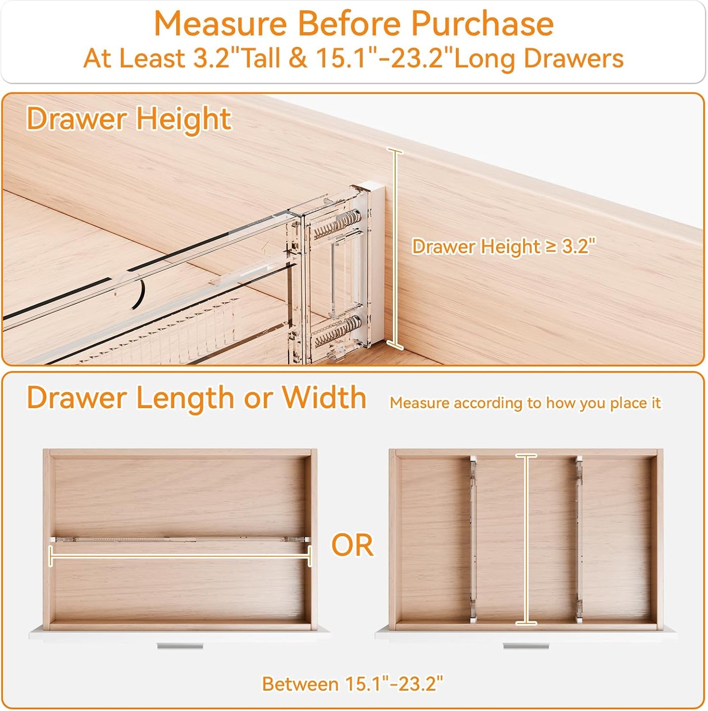 8 Pack 3.2 Inch Shallow Acrylic Drawer Dividers for Clothes -Expandable from 15-21''- Adjustable Drawer Dividers for Baby Clothing,Sock,Underwear,Clear in Drawer Separators for Dresser,Kitchen