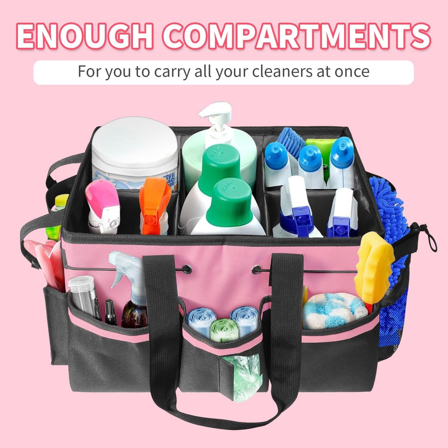 Cleaning Caddy Tote with Removable Dividers - 17.8x12.2x9.3in Waterproof Tool Organizer Bag with Handles & Adjustable Shoulder Strap for Housekeepers, Cleaners & Car Detailing Supplies (Pink)