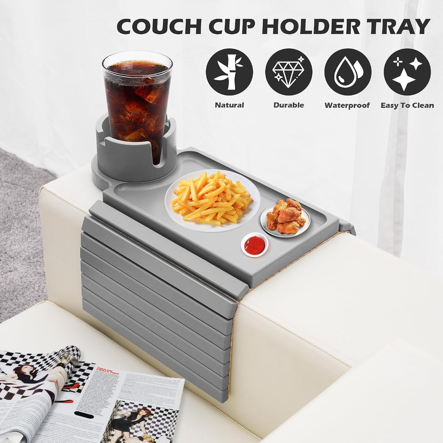 GHKINMAL Couch Cup Holder Tray, 3 in 1 Couch Arm Trays,Large Bamboo Chair Arm Rest Tray with 360° Cup Holder,Removable Anti-Slip Organizer for Snack Eating
