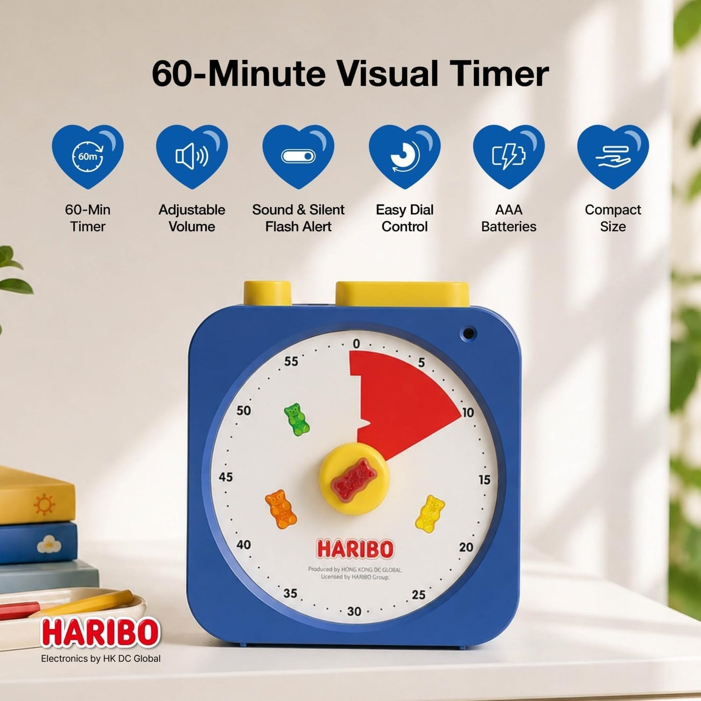 HARIBO 60-Minute Visual Timer for Kids & Adults, Silent Countdown Timer | Adjustable Alarm Volume, Audible Alarm or Flashing Light, Easy to Use, for Classroom, Study, Home & Office