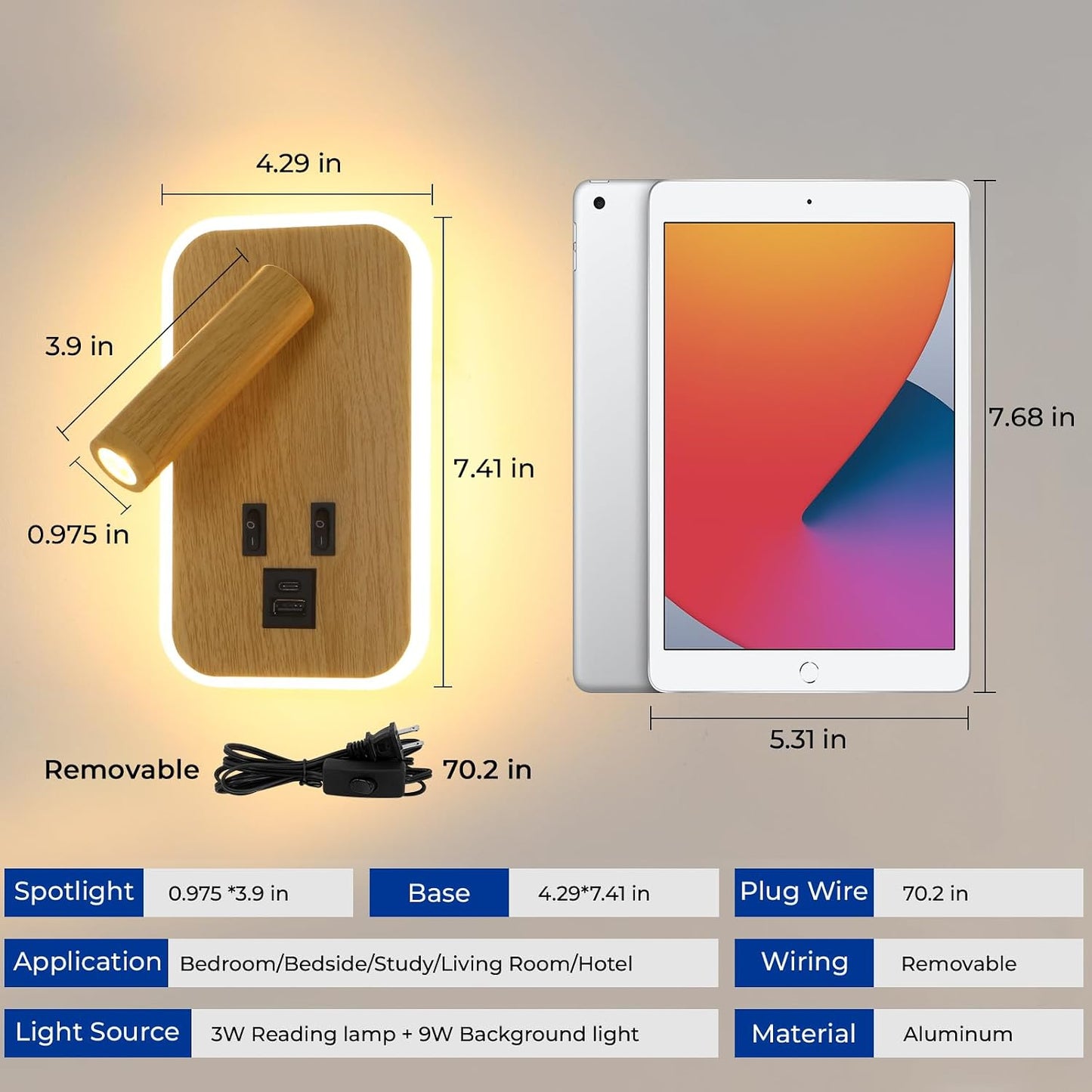 Plug in Wall Sconce with Wall Mounted Reading Lights with Switch | Wall Lamp for Bedroom with Charging Station USB C+A Ports,Bunk Bed Lights with 3W+9W Night Light,Walnut Color Reading Light