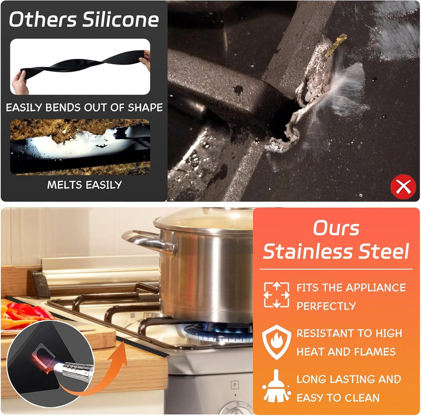 Stainless Steel Stove Gap Covers (2PCS), Stove Gap Filler for Kitchen Oven Counter Side Gap, Range Trim Kit, Easy Clean and Heat Resistant, Adjustable Length 13.8" to 27.5" 1