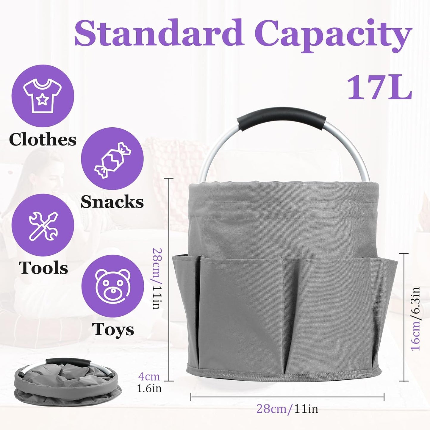 17L Cleaning Caddy with Handle and 6 Pockets, Foldable Cleaning Supply Caddy, Portable Shower Caddy in 600D Oxford Fabric, Multifunctional Storage Basket for Camping, Gardening, Black