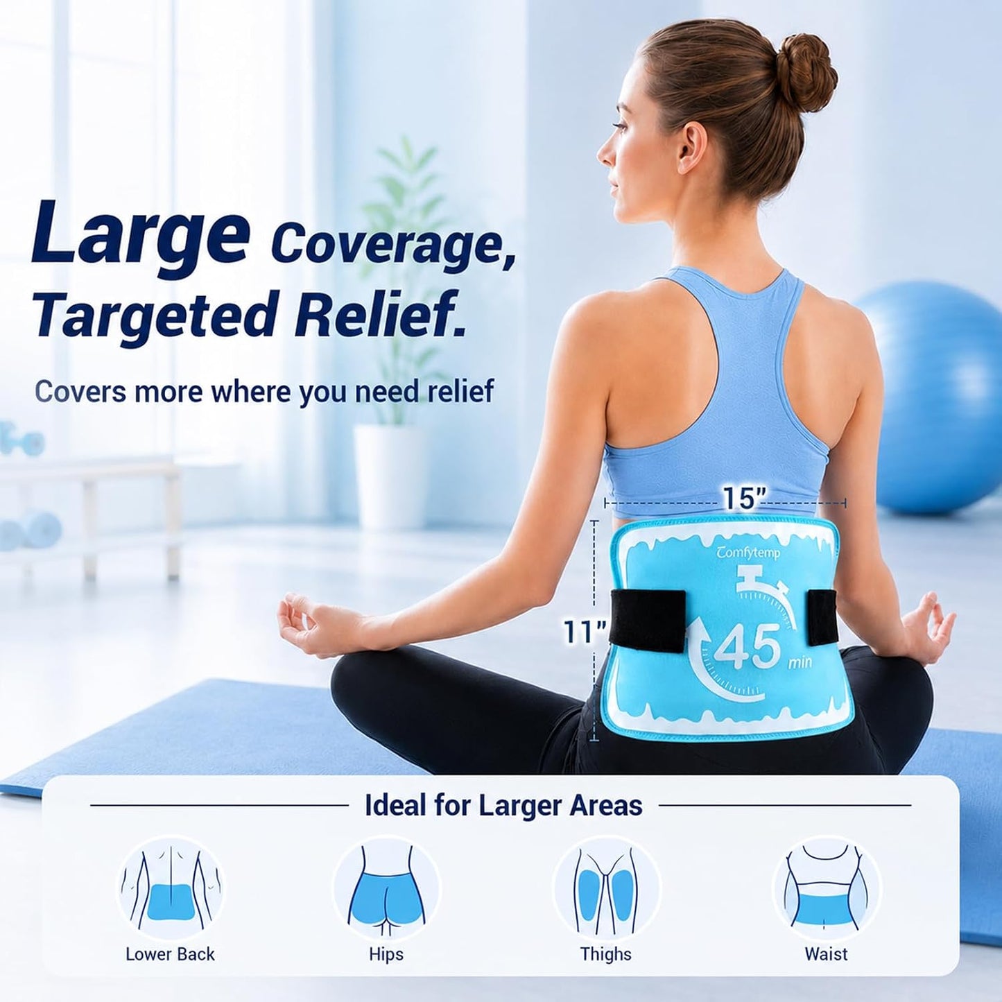 Comfytemp 45Min Long-Lasting Ice Pack for Injuries Reusable | Large Gel Cold Pack with 2 Detachable Straps, Flexible Ice Pack Wrap for Back Shoulder Knee, Hot Cold Compress, 11"x15"