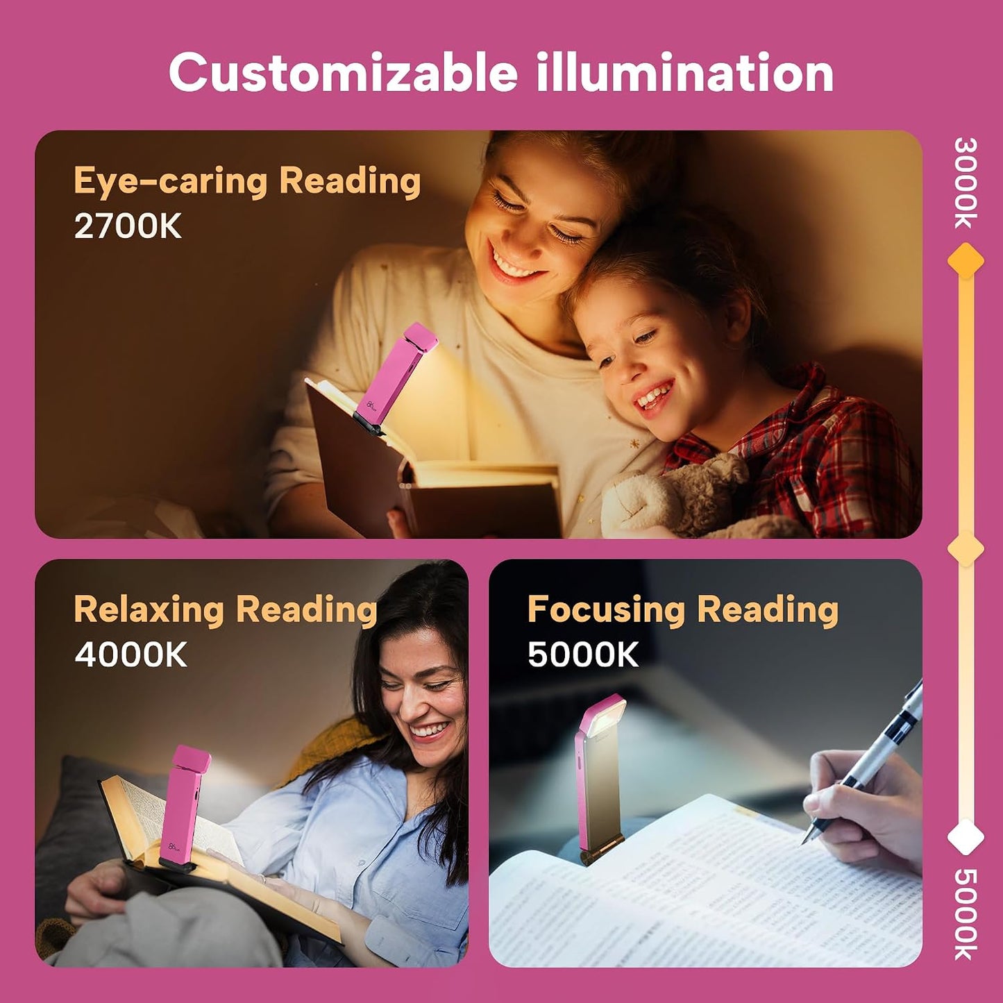 86lux Book Light, Rechargeable Reading Lights for Books in Bed | Ultralight Clip-on LED Bookmark Lamp with 3 Amber Colors & Stepless Dimming for Night Reading for Book Lovers, Ashen