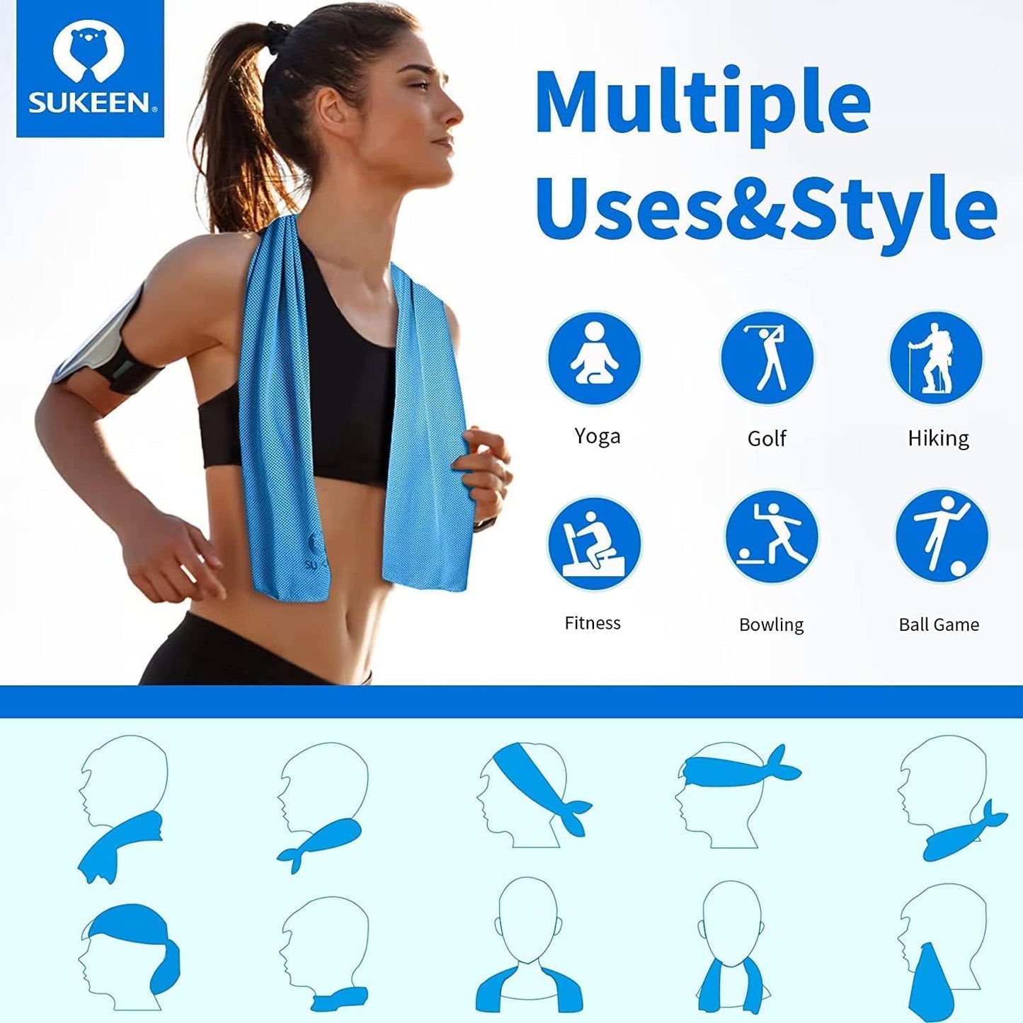 Sukeen Cooling Towels 6 Pack (40"x12"), Cooling Neck Wraps, Ice Towels, Microfiber Breathable Cooling Towel for Hot Weather, Sweat Towel for Gym, Sport, Running, Golf, Workout, Camping, Fitness