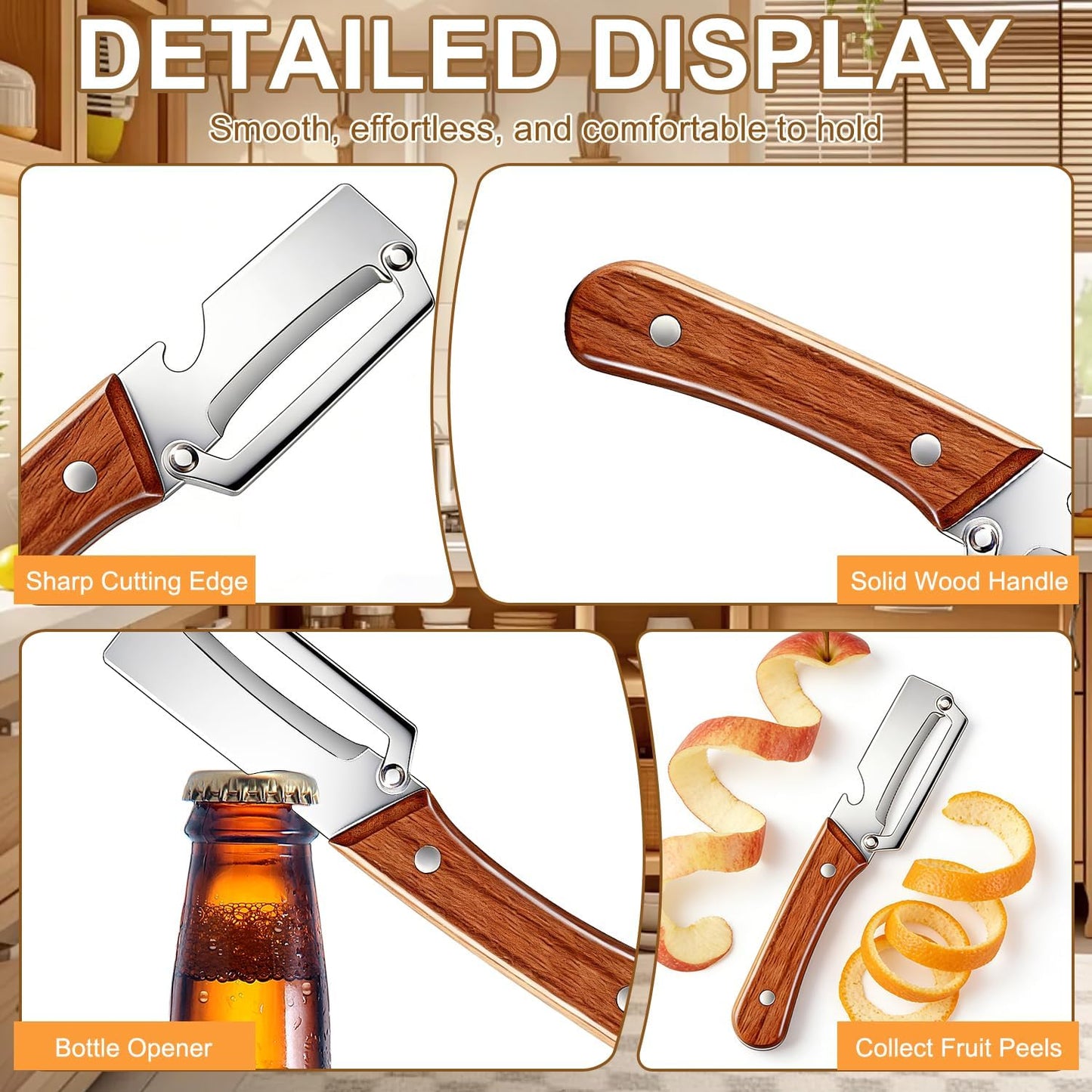 2 PCS Multi-Functional Vegetable Peeler for Kitchen, 2 in 1 Stainless Steel Vegetable Peeler with Wooden Handle and Bottle Opener, Kitchen Tool for Vegetables or Fruits that Need to Be Peeled