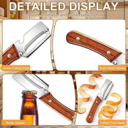 2 PCS Multi-Functional Vegetable Peeler for Kitchen, 2 in 1 Stainless Steel Vegetable Peeler with Wooden Handle and Bottle Opener, Kitchen Tool for Vegetables or Fruits that Need to Be Peeled