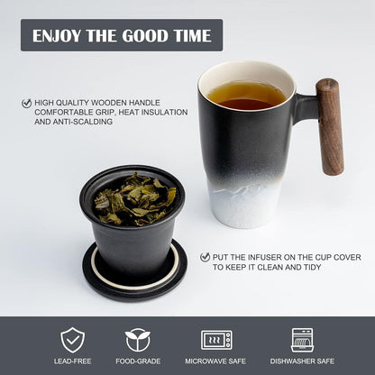 suyika Ceramic Tea Cup with Infuser and Lid Tea Mugs Wooden Handle 400ml/13.5oz Dark Green