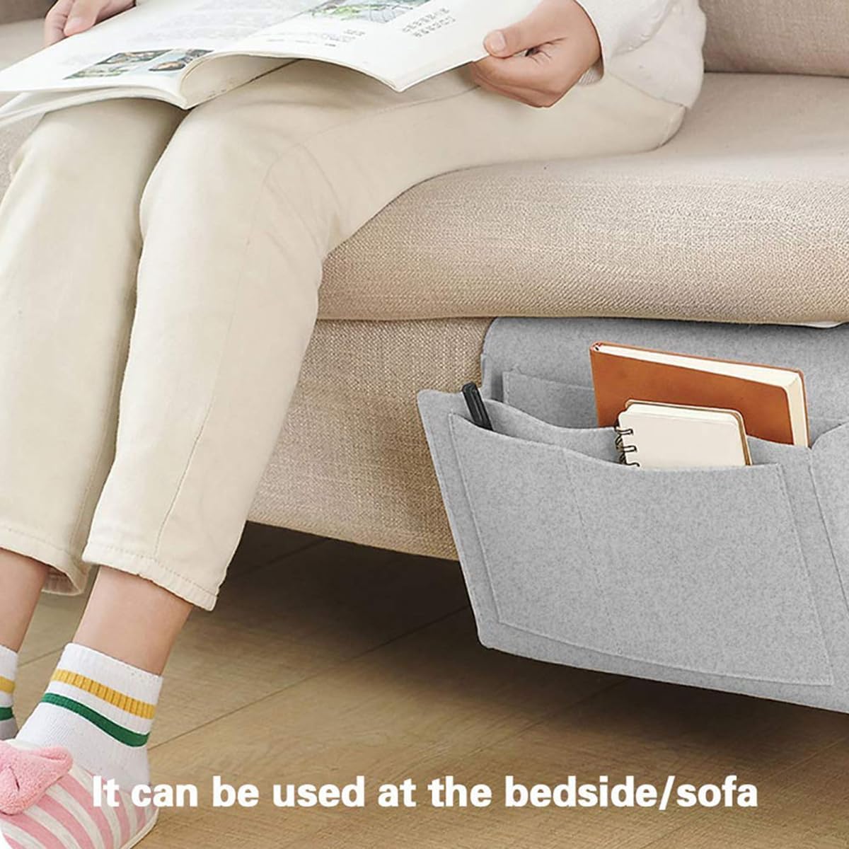 Bringsine 5 Pockets Bedside Caddy, Felt Bed Storage Organizer Hanging Bag Holder for Magazine Book Phone Tablet iPad Cables Remote and Glasses Holder Home Dorm Bed Sofa-Black