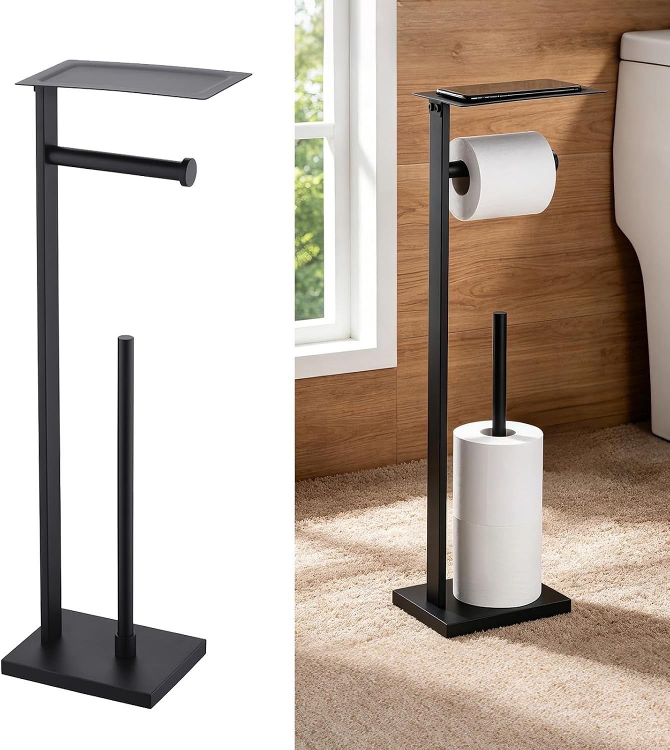 Miyili Matte Black Freestanding Toilet Paper Holder with Shelf, Premium SUS 304 Stainless Steel Bathroom Storage Organizer & Paper Towel Dispenser